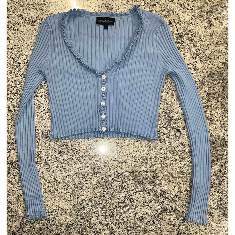 Cotton Candy LA Ribbed Crop Top Button Up Long Sleeve Blue Size-L